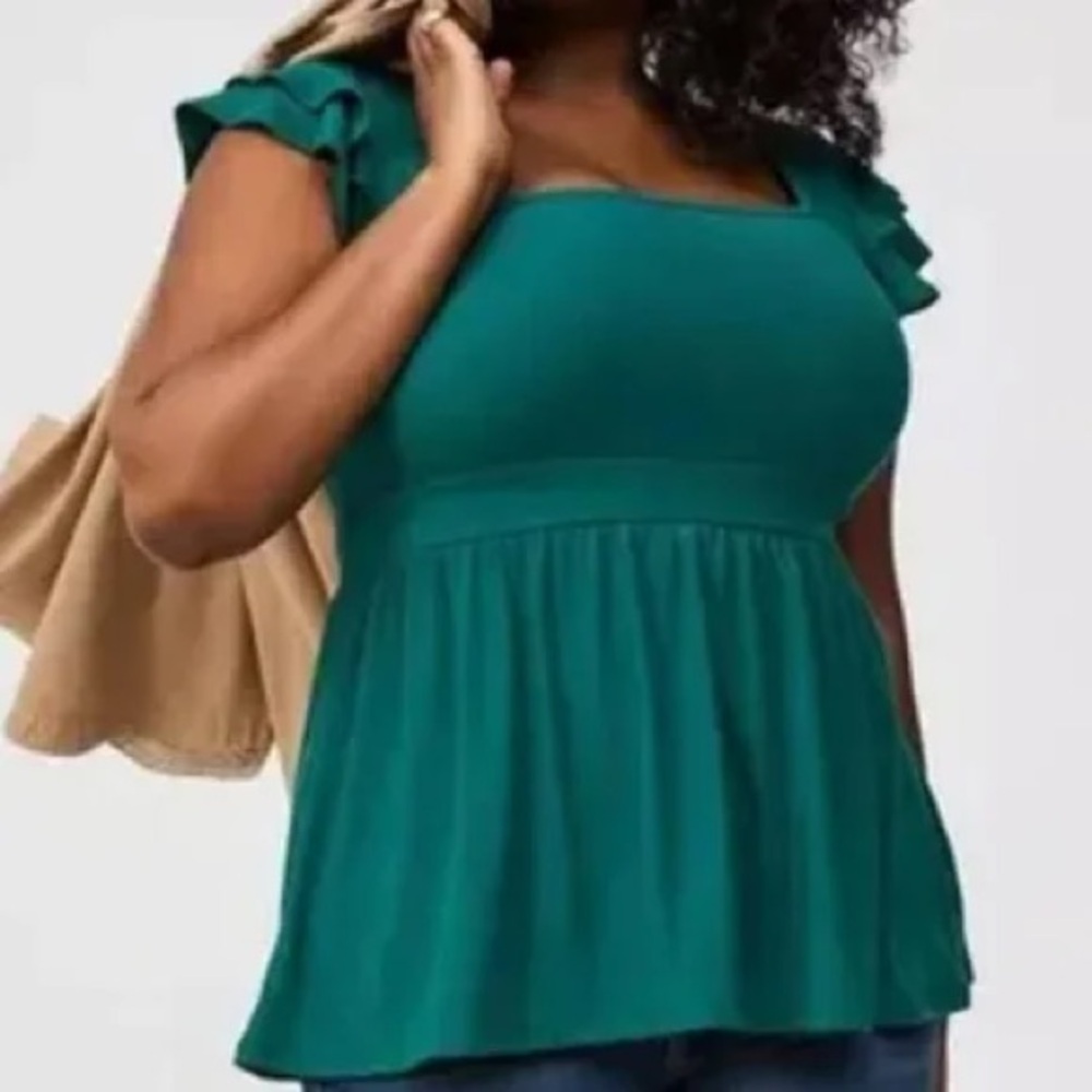 Torrid Size 1 Green (Botanical Garden) Square-Neck Ruffle Sleeve Babydoll Top